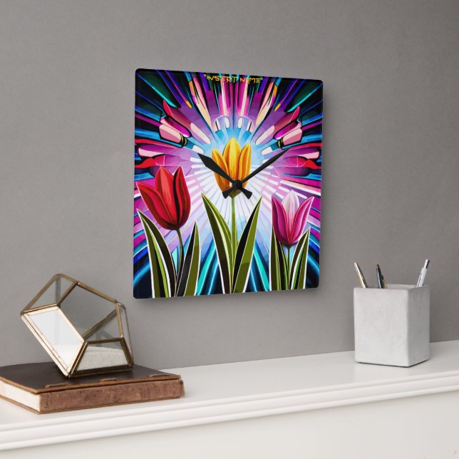Trio of Tulips: Ein Ausbruch der Springtime-Schönh Quadratische Wanduhr (Büro)