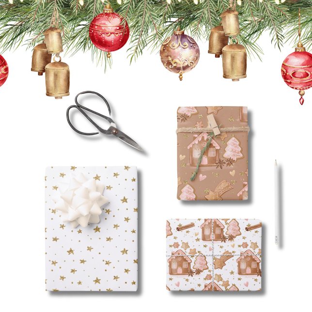 Trio Pink Brown Gingerbrot Häuser Stars Cinnamon Geschenkpapier Set (Von Creator hochgeladen)