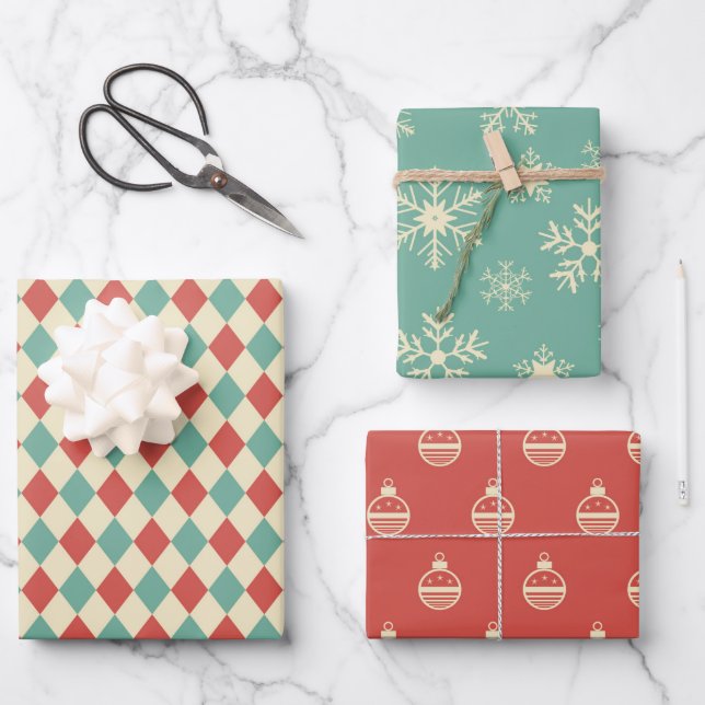 Trio Retro Weihnachtswrapping Paper Sheets Geschenkpapier Set (Vorderseite)