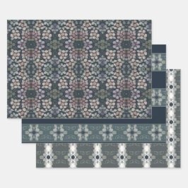 Trio von drei Gemusterten Blumen Geschenkpapier Set
