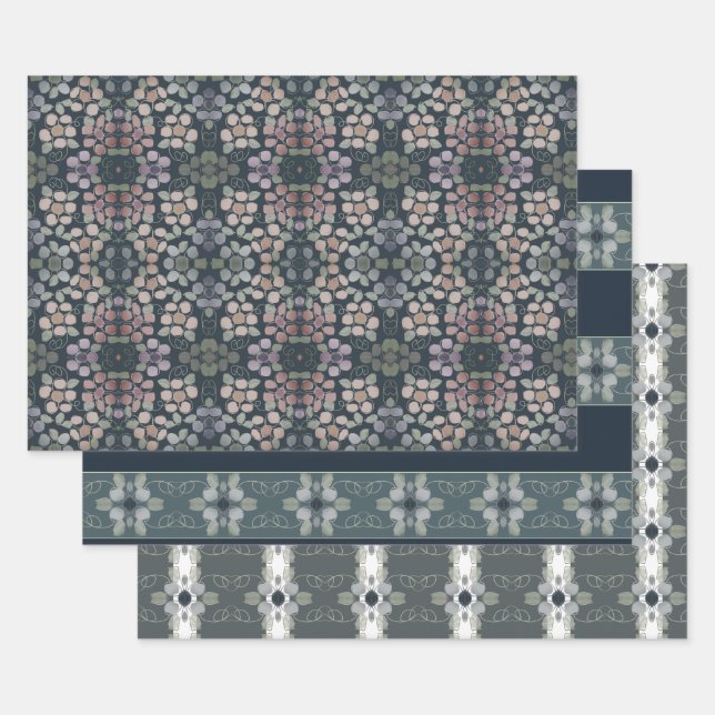 Trio von drei Gemusterten Blumen Geschenkpapier Set (Set)