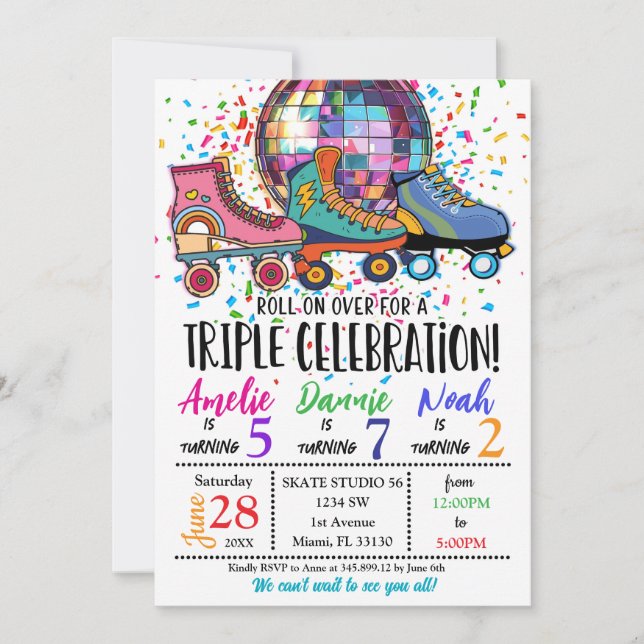 Triple Celebration Roller Skaten Disco Einladung (Vorderseite)