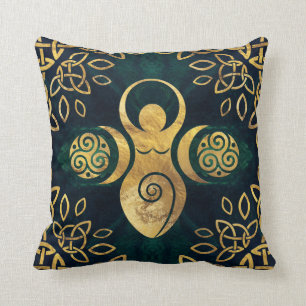 Triple Goddess mit triskele - Gold und Grün Kissen