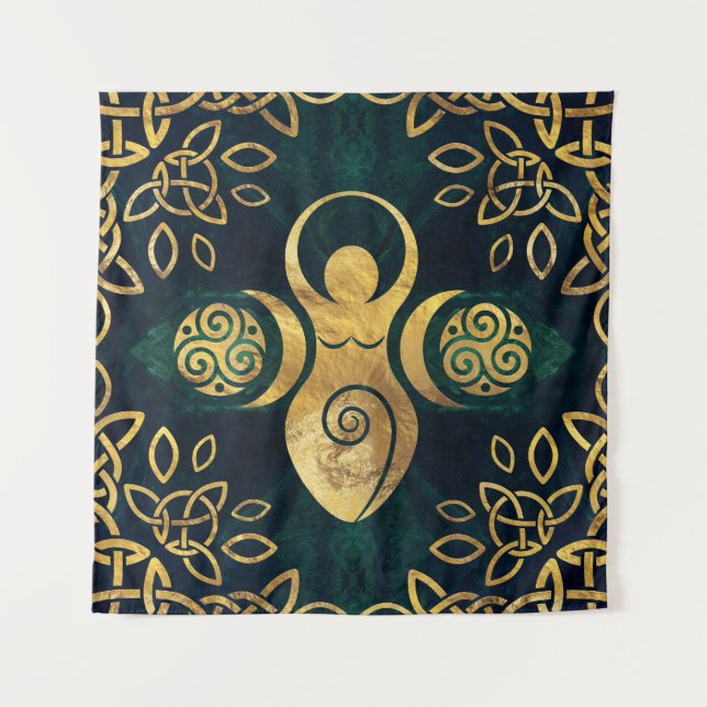 Triple Goddess mit triskele - Gold und Grün Wandteppich (Vorderseite)
