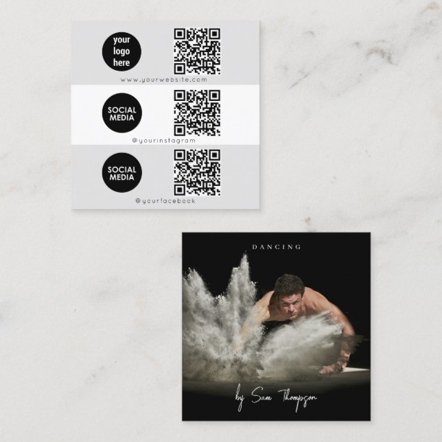 Triple Icon QR Code Custom Social Media Logo Dance Quadratische Visitenkarte (Vorne/Hinten)
