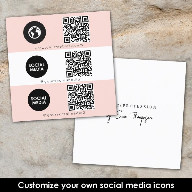 Triple Icon QR Code Custom Social Media Pink Quadratische Visitenkarte (Triple Icon QR Code Custom Social Media Pink Square Business Card)