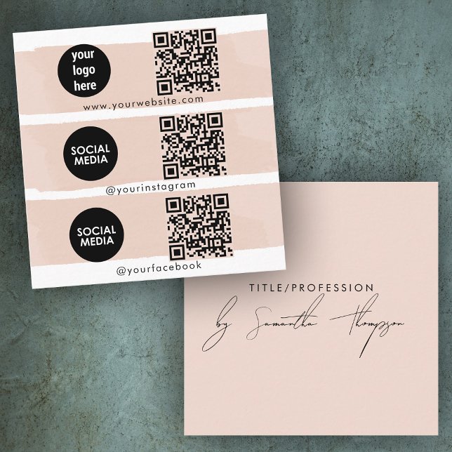 Triple Icon QR Code Social Media Logo Rosa Quadratische Visitenkarte (Triple Icon QR Code Social Media Logo Blush Pink Square Business Card)