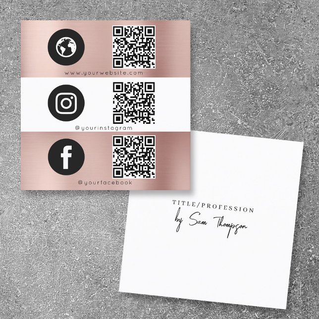 Triple Icon QR Code Social Media Rose Gold Quadratische Visitenkarte (Triple Icon QR Code Social Media Rose Gold Square Business Card)