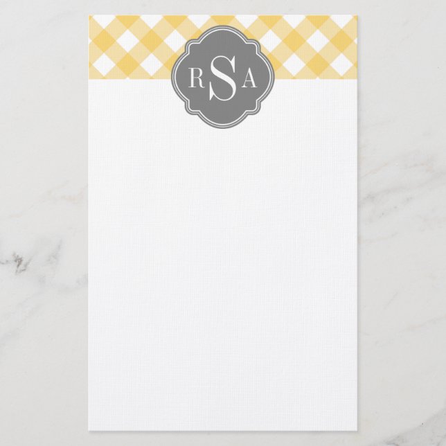 Triple Monogram Grau Yellow Gingham Pattern Briefpapier (Vorderseite)