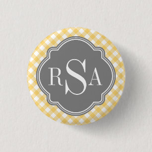 Triple Monogram Grau Yellow Gingham Pattern Button