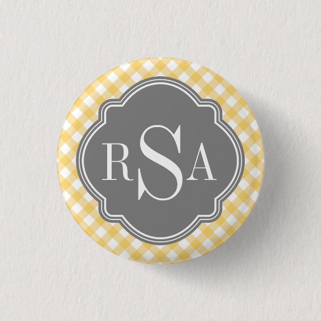 Triple Monogram Grau Yellow Gingham Pattern Button (Vorderseite)