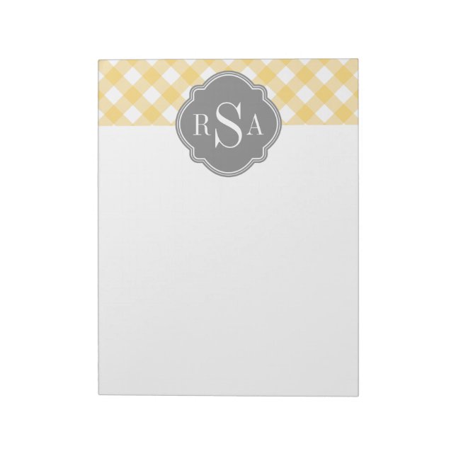 Triple Monogram Grau Yellow Gingham Pattern Notizblock (Rotiert)