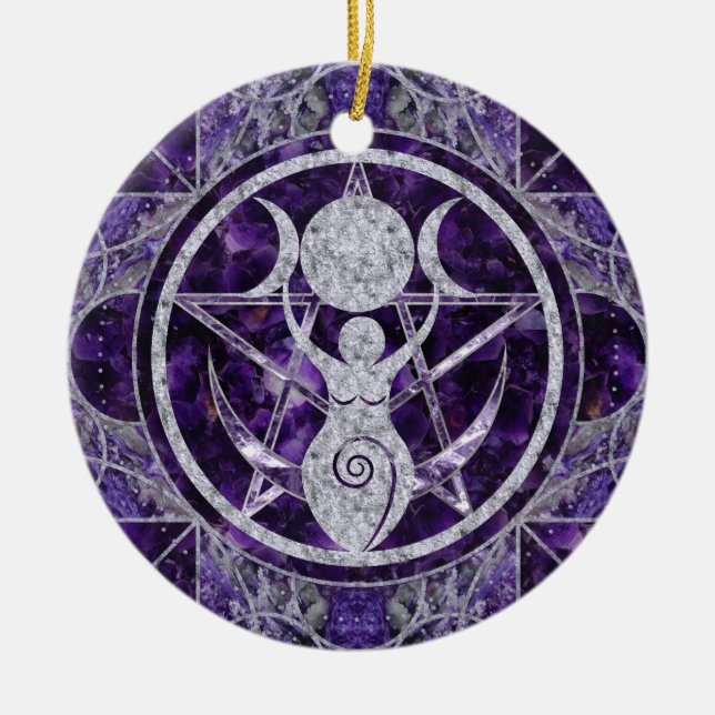 Triple Moon - Göttin - Amethyst und Silber Keramik Ornament (Vorne)