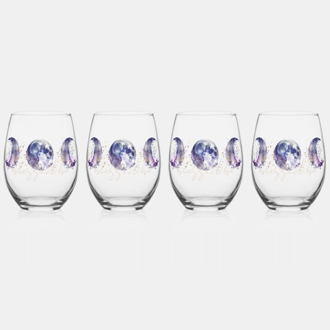 Triple Moon Lila und Gold Weinglas Ohne Stiel (Vorderseite)