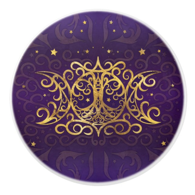 Triple Moon - Triple Goddess Gold und Lila Keramikknauf (Vorderseite)
