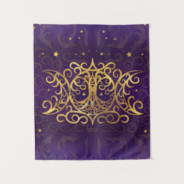 Triple Moon - Triple Goddess Gold und Lila Wandteppich (Vorderseite)