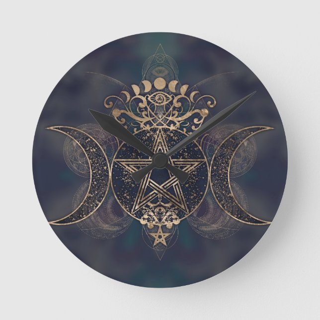Triple Moon - Triple Goddess Gold und Purple Runde Wanduhr (Vorderseite)