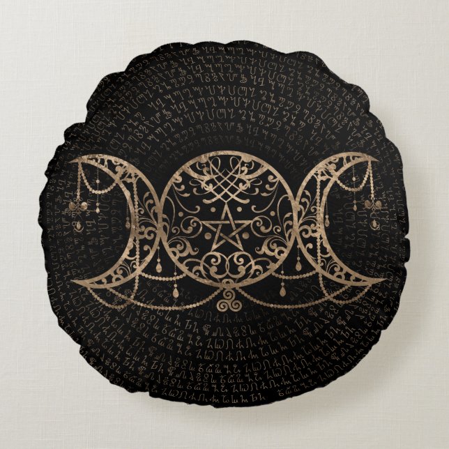 Triple Moon - Triple Goddess Gold und Schwarz Rundes Kissen (Vorderseite)