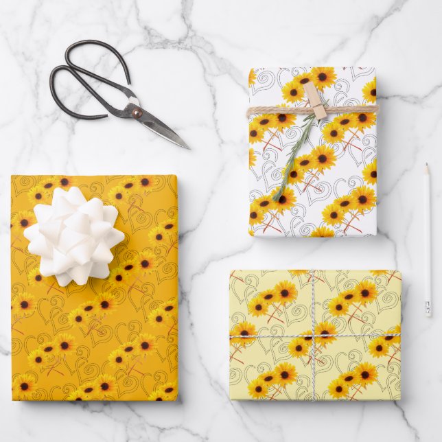 Triple Sunflower Fotografie Herzmuster Geschenkpapier Set (Vorderseite)