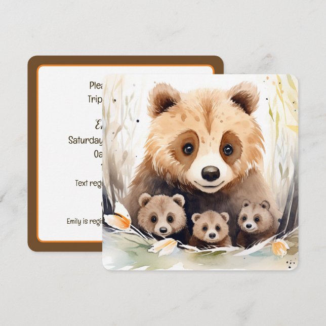 Triplet Baby Dusche Mama Bären und Cubs Einladung (Vorne/Hinten)