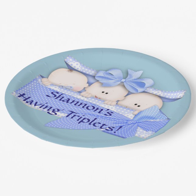 Triplet Blue Boy Baby Duschkabine Party Paper Tell Pappteller (Schrägansicht)