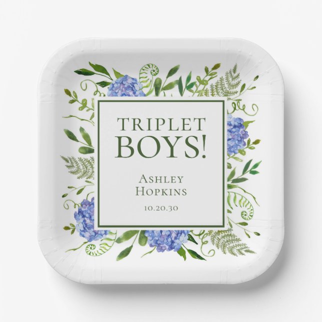 Triplet Boys Blue Hydrangeas Baby Dusche Pappteller (Vorderseite)