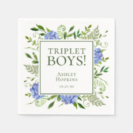 Triplet Boys Blue Hydrangeas Baby Dusche Serviette