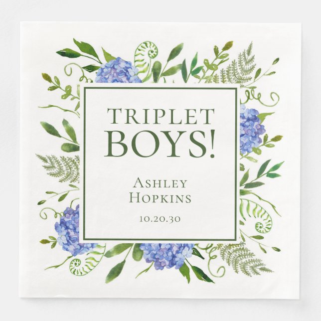 Triplet Boys Blue Hydrangeas Baby Dusche Serviette (Vorderseite)
