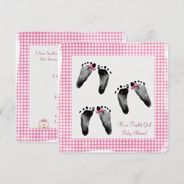 Triplet Girl Baby Dusche mit Fußabdrücken Einladung (Vorne/Hinten)