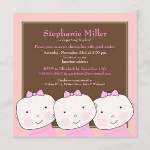 Triplet Girl Pink Invitation Baby shower Brown