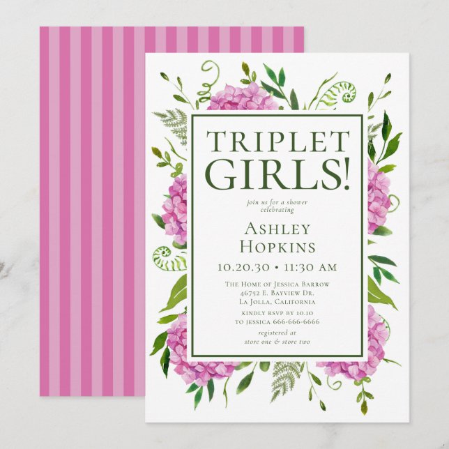 Triplet Girls Pink Hydrangeas Babydusche Einladung (Vorne/Hinten)