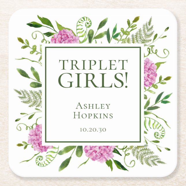 Triplet Girls Pink Hydrangeas Girl Baby Dusche Rechteckiger Pappuntersetzer (Vorderseite)