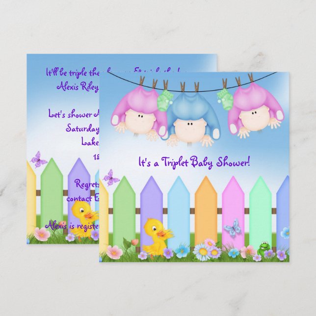Triplets Baby Dusche Einladung (Vorne/Hinten)
