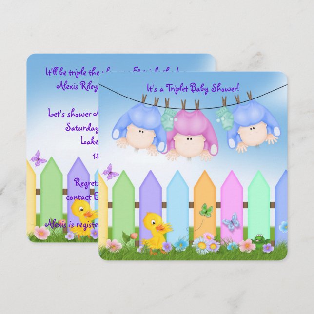 Triplets Baby Dusche Einladung (Vorne/Hinten)