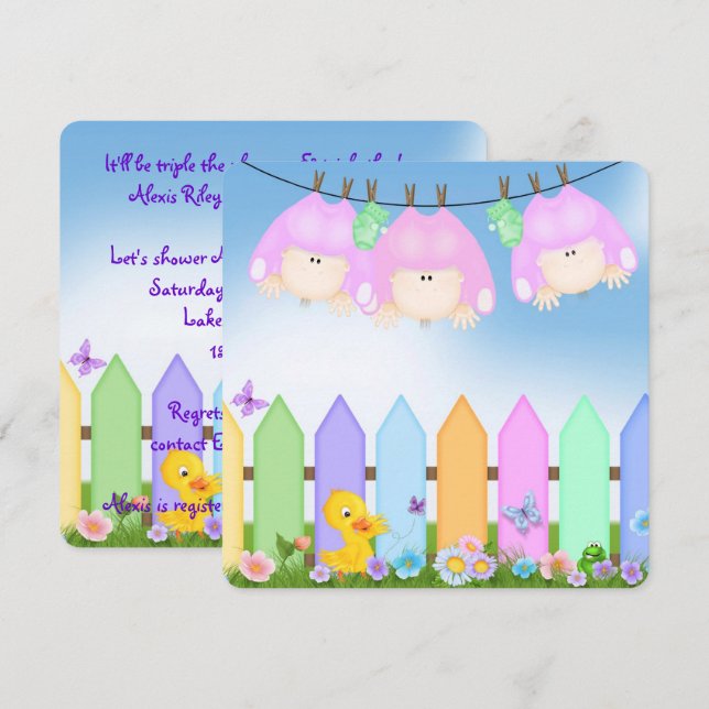 Triplets Baby Girl Dusche Einladung (Vorne/Hinten)