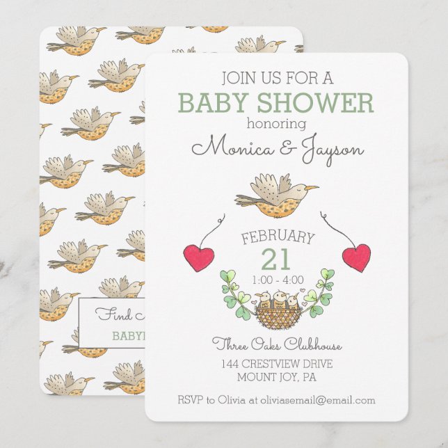 Triplets Baby Showbird und Nest Einladung (Vorne/Hinten)