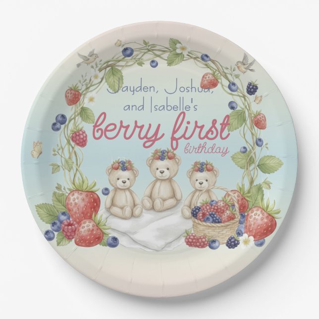 Triplets Berry First Birthday Party Pappteller (Vorderseite)