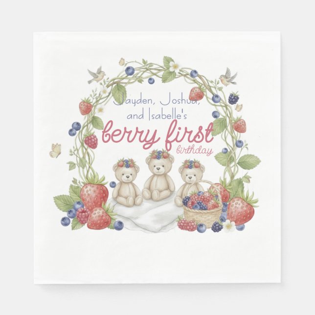 Triplets Berry First Birthday Party Serviette (Vorderseite)