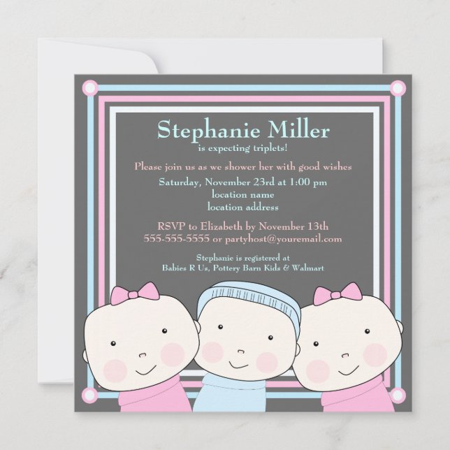 Triplets Girl Boy Pink Blue Baby Einladung (Vorderseite)
