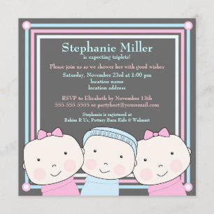 Triplets Girl Boy Pink Blue Baby Einladung
