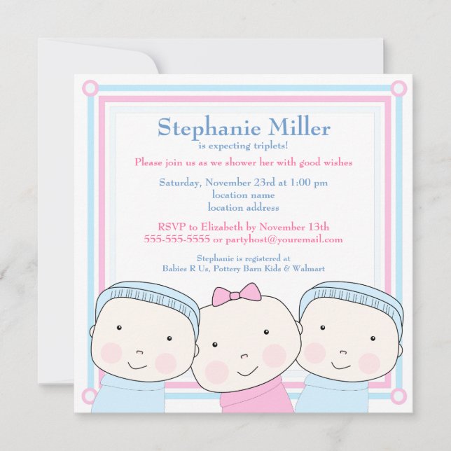 Triplets Girl Boy Pink Blue Baby Einladung (Vorderseite)