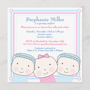 Triplets Girl Boy Pink Blue Baby Einladung