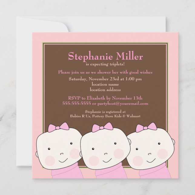 Triplets Girl Pink Brown Babydusche Einladung (Vorderseite)