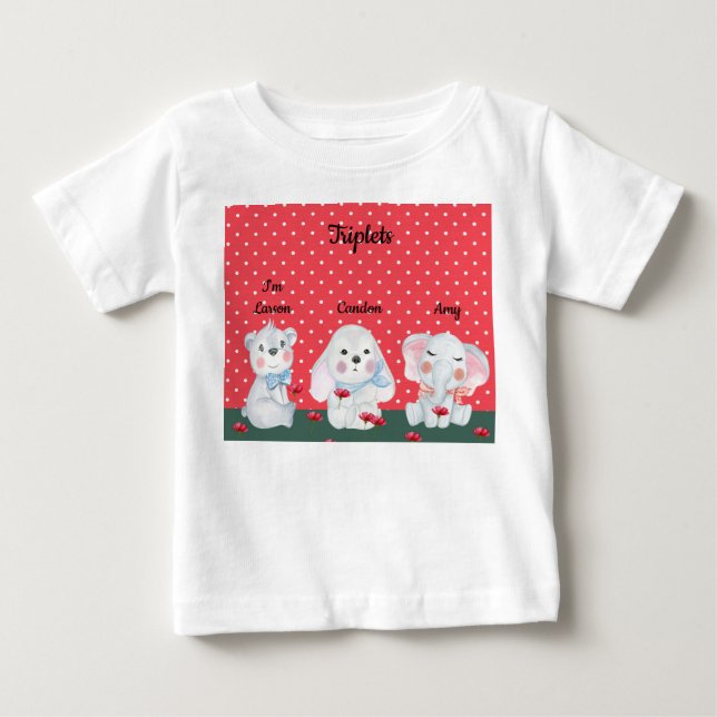 Triplets Teemaschine für Junge in Rot mit Tieren Baby T-shirt (Vorderseite)