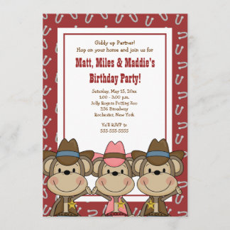 TRIPLETS Western Cowboy Affen 12x18 Geburtstag Einladung