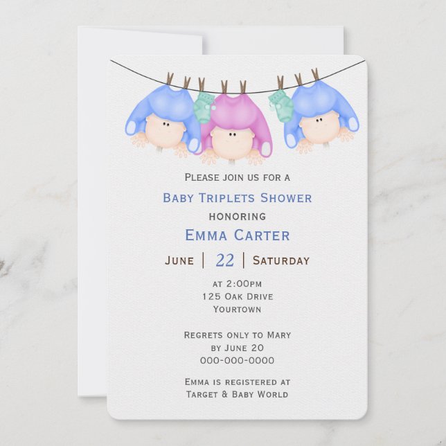 Triplette auf Clothesline-Babydusche Einladung (Vorderseite)