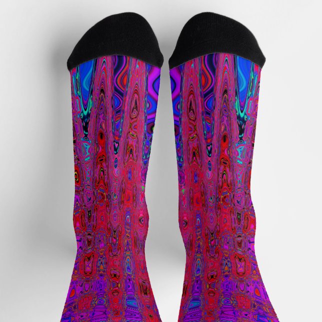 Trippige, rote und Lila Abstrakte Retro-Atomwellen Socken (Oben)