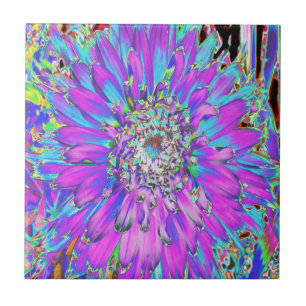Trippy Abstract Aqua, Limettengrün und Lila Dahlie Fliese