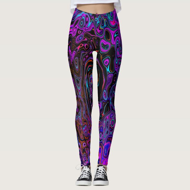 Trippy Black und Magenta Retro Liquid Swirl Leggings (Vorderseite)