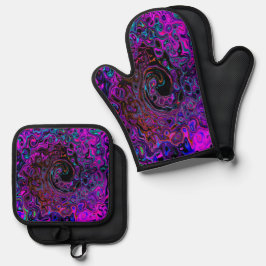 Trippy Black und Magenta Retro Liquid Swirl Ofenhandschuh & Topflappen-Set